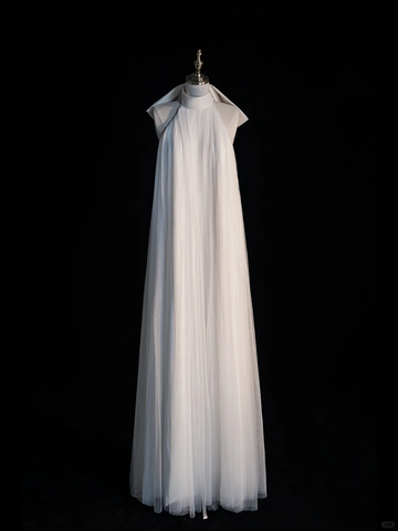 Simple A Line Halter White Tulle Long Open Back Party Dress Evening Dress HZ1023